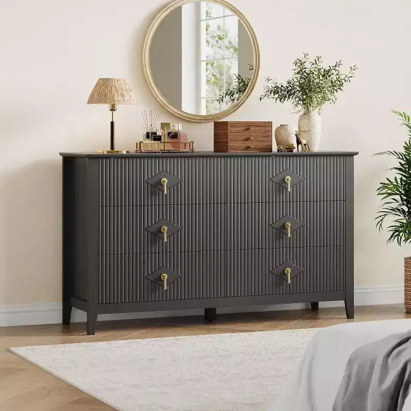 Commode cannelée de 109 cm de haut - Meuble de rangement en bois à 5 tiroirs pour chambre et salon