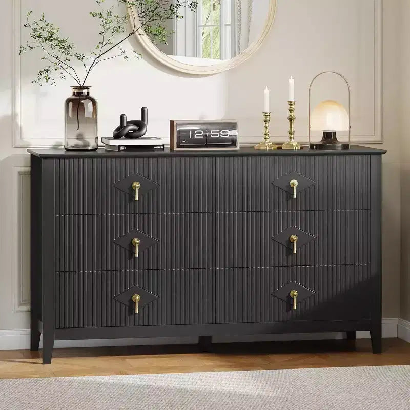 Commode cannelée de 109 cm de haut - Meuble de rangement en bois à 5 tiroirs pour chambre et salon