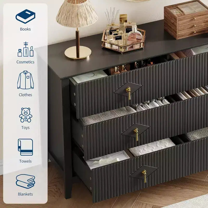 Commode cannelée de 109 cm de haut - Meuble de rangement en bois à 5 tiroirs pour chambre et salon