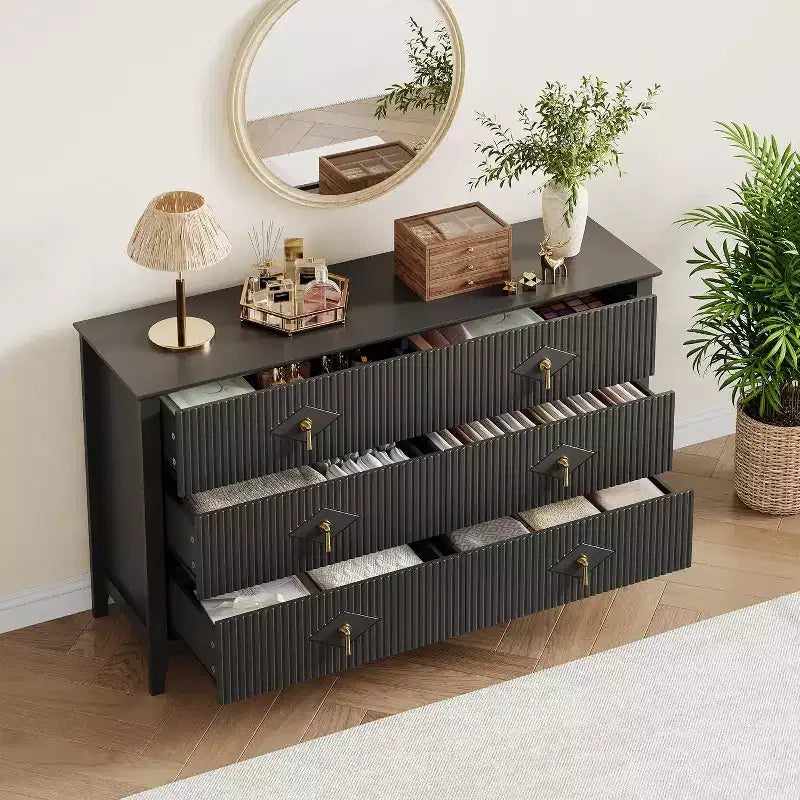 Commode cannelée de 109 cm de haut - Meuble de rangement en bois à 5 tiroirs pour chambre et salon