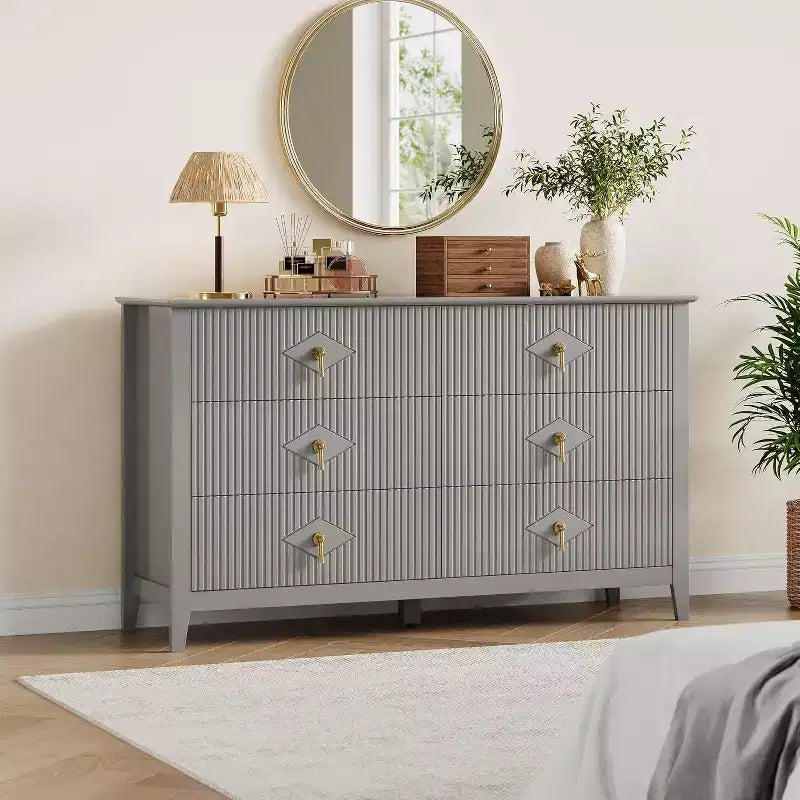 Commode cannelée de 109 cm de haut - Meuble de rangement en bois à 5 tiroirs pour chambre et salon