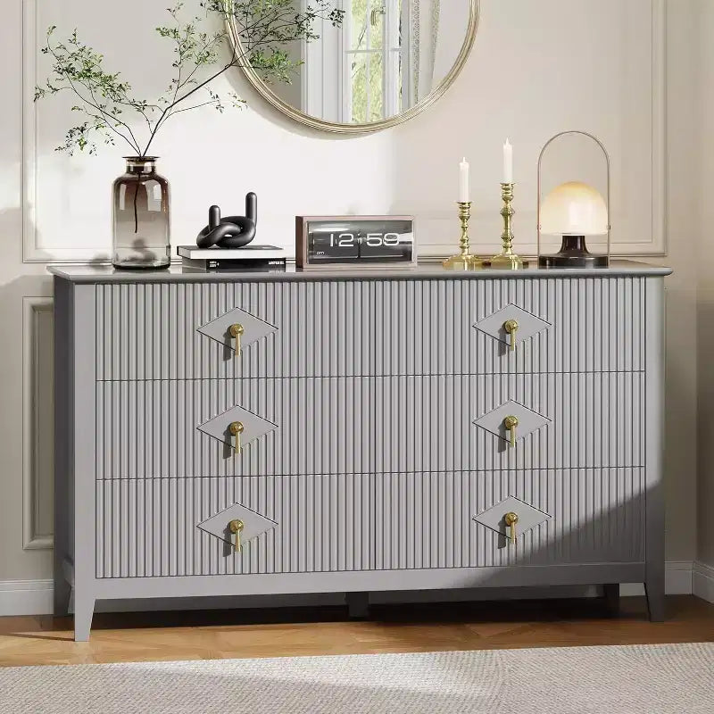 Commode cannelée de 109 cm de haut - Meuble de rangement en bois à 5 tiroirs pour chambre et salon