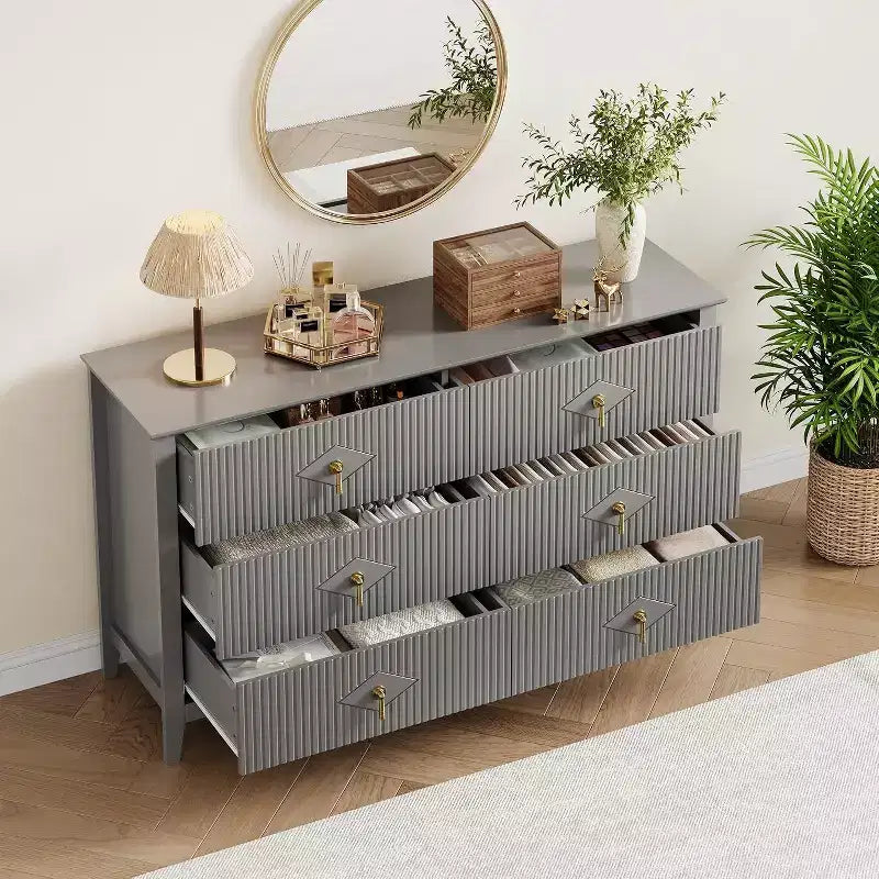 Commode cannelée de 109 cm de haut - Meuble de rangement en bois à 5 tiroirs pour chambre et salon