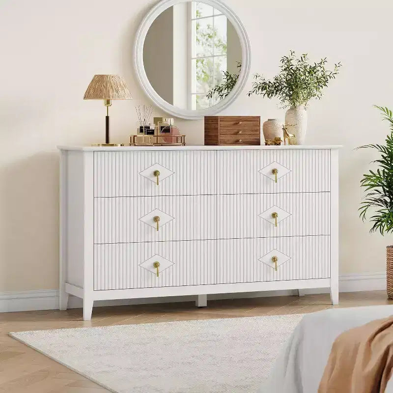 Commode cannelée de 109 cm de haut - Meuble de rangement en bois à 5 tiroirs pour chambre et salon
