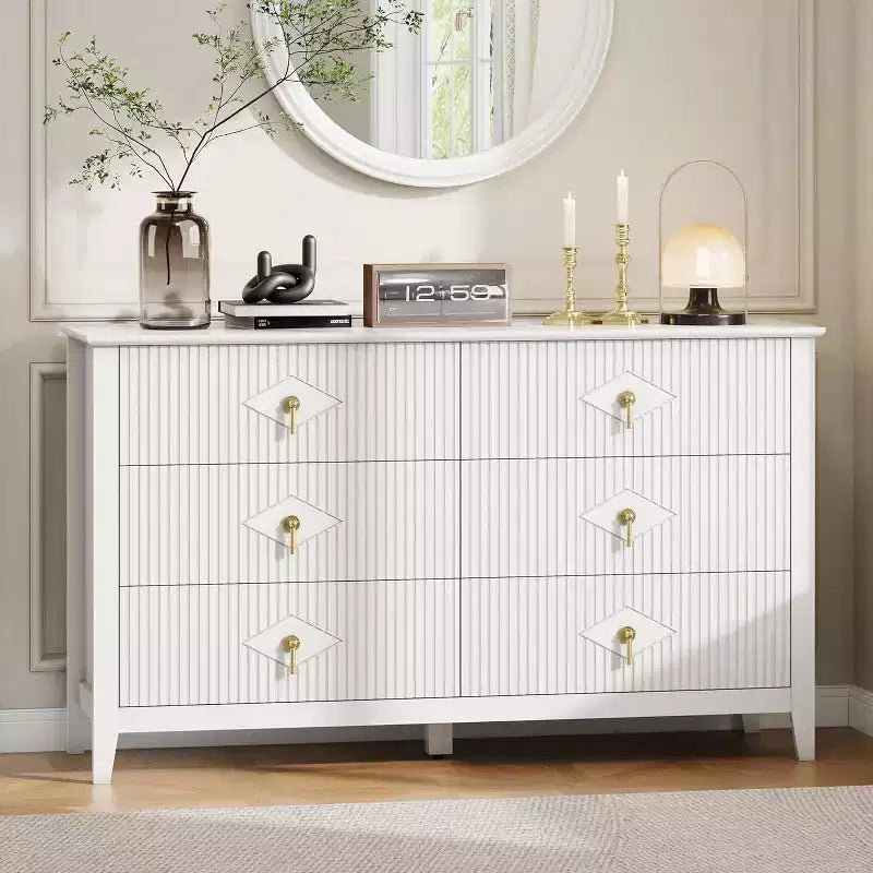 Commode cannelée de 109 cm de haut - Meuble de rangement en bois à 5 tiroirs pour chambre et salon