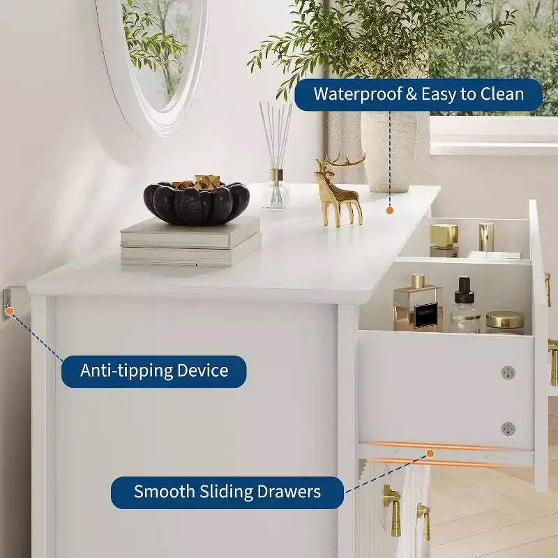 Commode cannelée de 109 cm de haut - Meuble de rangement en bois à 5 tiroirs pour chambre et salon