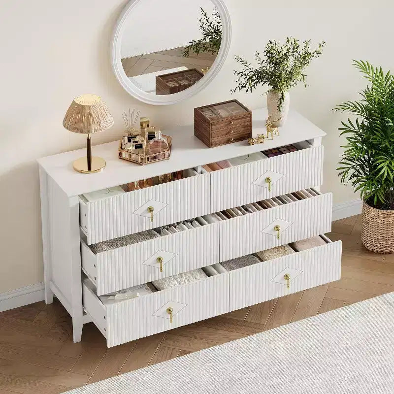 Commode cannelée de 109 cm de haut - Meuble de rangement en bois à 5 tiroirs pour chambre et salon