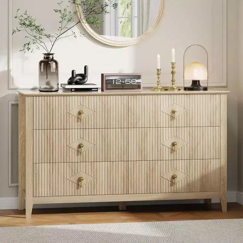 Commode cannelée de 109 cm de haut - Meuble de rangement en bois à 5 tiroirs pour chambre et salon