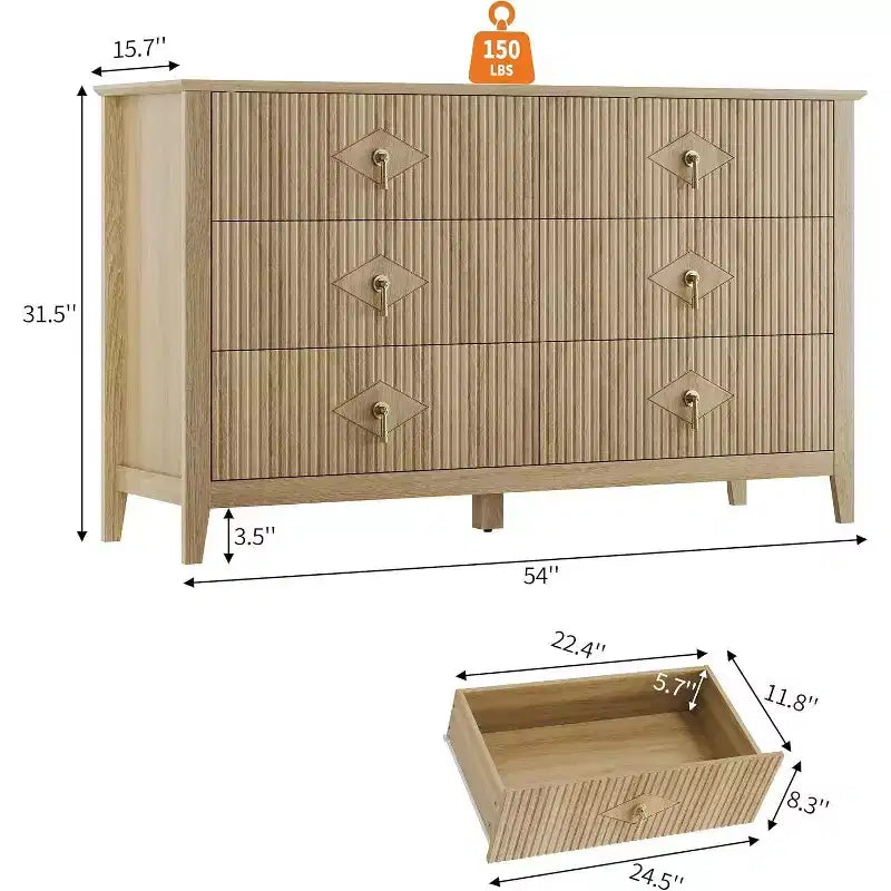 Commode cannelée de 109 cm de haut - Meuble de rangement en bois à 5 tiroirs pour chambre et salon