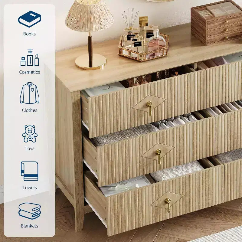 Commode cannelée de 109 cm de haut - Meuble de rangement en bois à 5 tiroirs pour chambre et salon