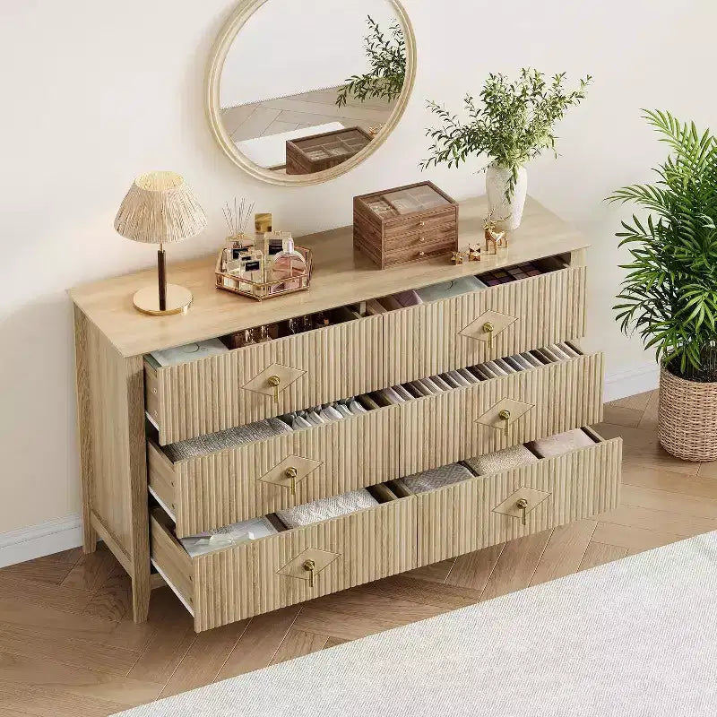 Commode cannelée de 109 cm de haut - Meuble de rangement en bois à 5 tiroirs pour chambre et salon