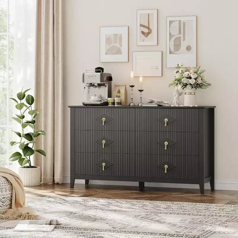 Commode cannelée de 109 cm de haut - Meuble de rangement en bois à 5 tiroirs pour chambre et salon