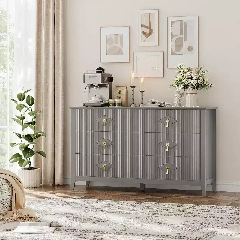 Commode cannelée de 109 cm de haut - Meuble de rangement en bois à 5 tiroirs pour chambre et salon