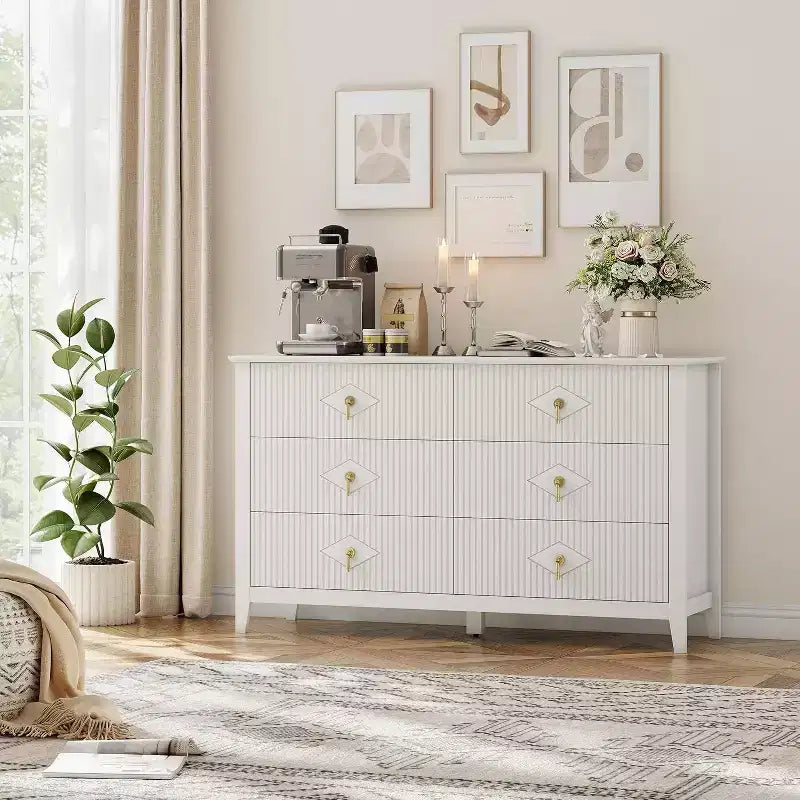 Commode cannelée de 109 cm de haut - Meuble de rangement en bois à 5 tiroirs pour chambre et salon