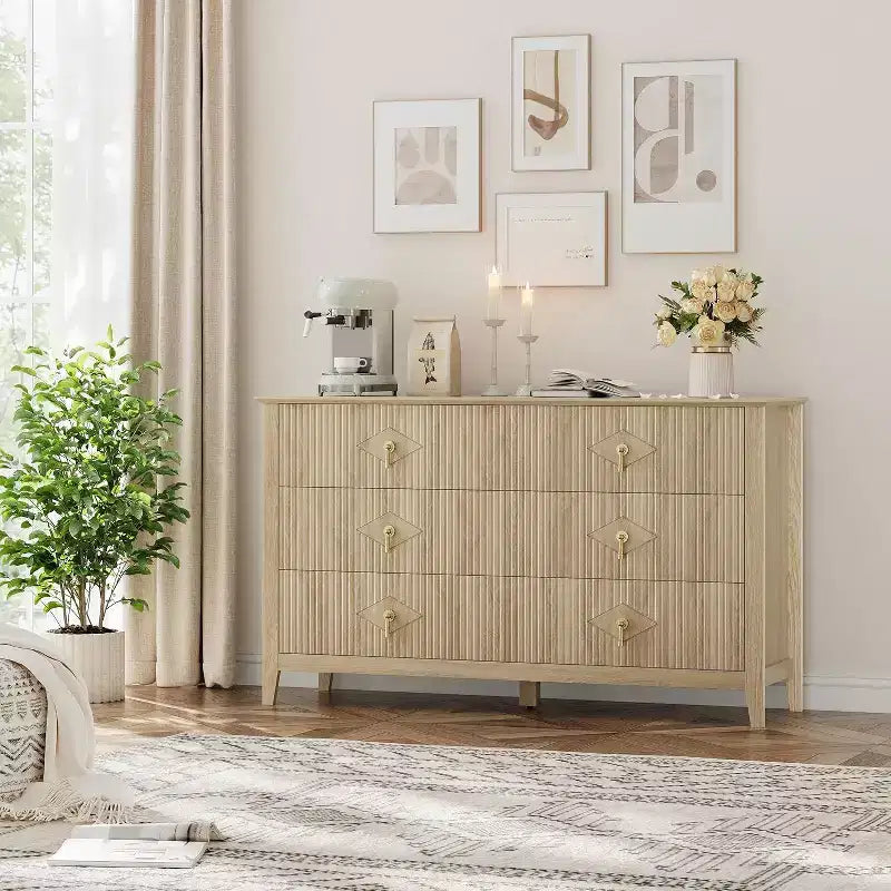 Commode cannelée de 109 cm de haut - Meuble de rangement en bois à 5 tiroirs pour chambre et salon