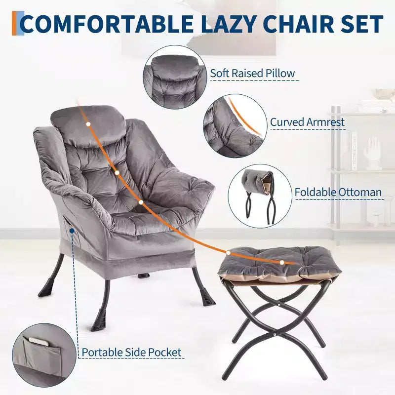 Fauteuil inclinable COZONY avec pouf et oreiller, chaise longue confortable avec poche latérale pour salon, chambre et bureau