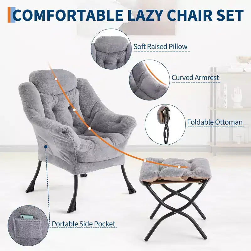 Fauteuil inclinable COZONY avec pouf et oreiller, chaise longue confortable avec poche latérale pour salon, chambre et bureau