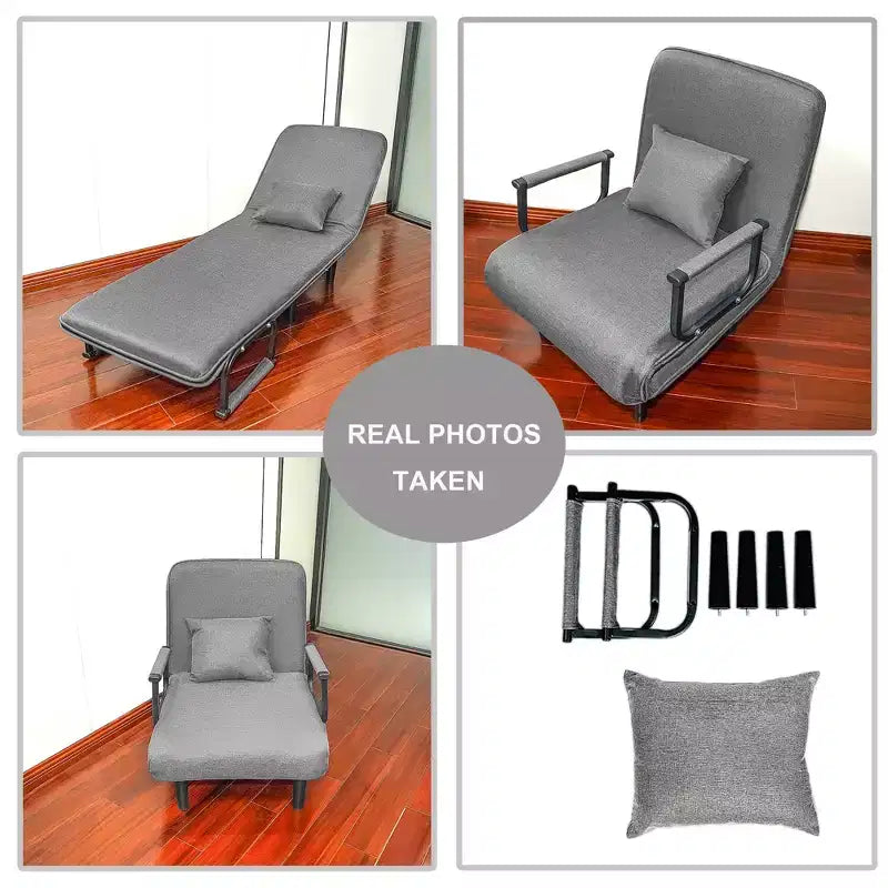 Homy Casa Folding Accent Chair with Adjustable Backrest and Pillow, Convertible Lounge Chair for Small Spaces, Dorms or Home Office, Grey