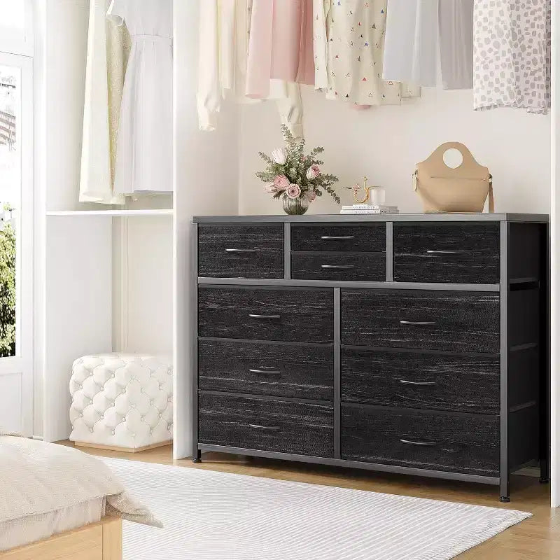 Commode de Chambre à 10 Tiroirs en Tissu, Plateau en Bois, Cadre en Acier, Commode Moderne, Commode Légère avec Bacs en Tissu pour Salon, Couloir