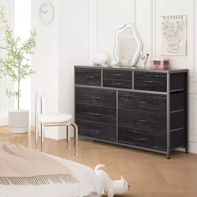 Commode de Chambre à 10 Tiroirs en Tissu, Plateau en Bois, Cadre en Acier, Commode Moderne, Commode Légère avec Bacs en Tissu pour Salon, Couloir
