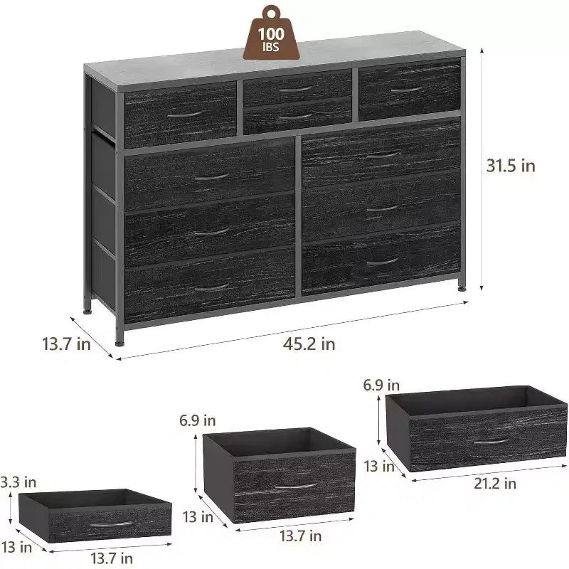 Commode de Chambre à 10 Tiroirs en Tissu, Plateau en Bois, Cadre en Acier, Commode Moderne, Commode Légère avec Bacs en Tissu pour Salon, Couloir