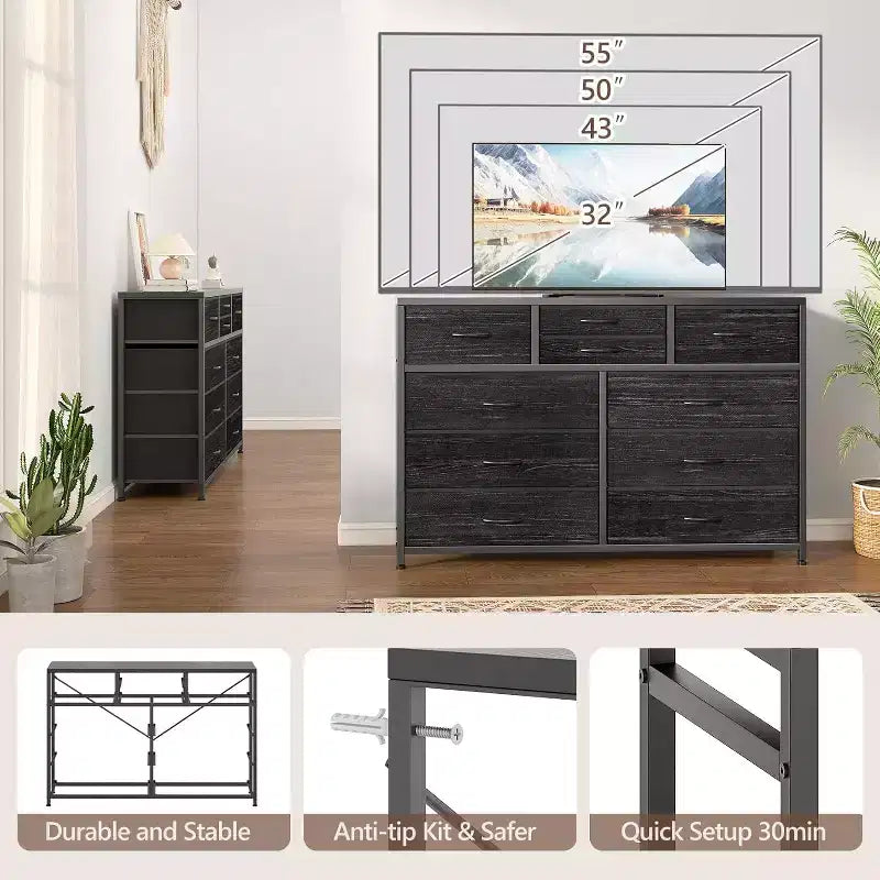 Commode de Chambre à 10 Tiroirs en Tissu, Plateau en Bois, Cadre en Acier, Commode Moderne, Commode Légère avec Bacs en Tissu pour Salon, Couloir