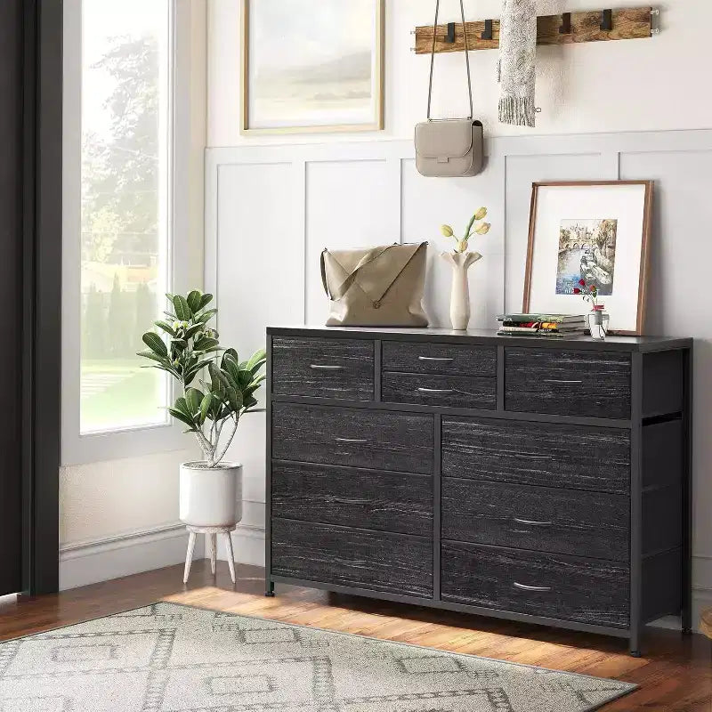 Commode de Chambre à 10 Tiroirs en Tissu, Plateau en Bois, Cadre en Acier, Commode Moderne, Commode Légère avec Bacs en Tissu pour Salon, Couloir