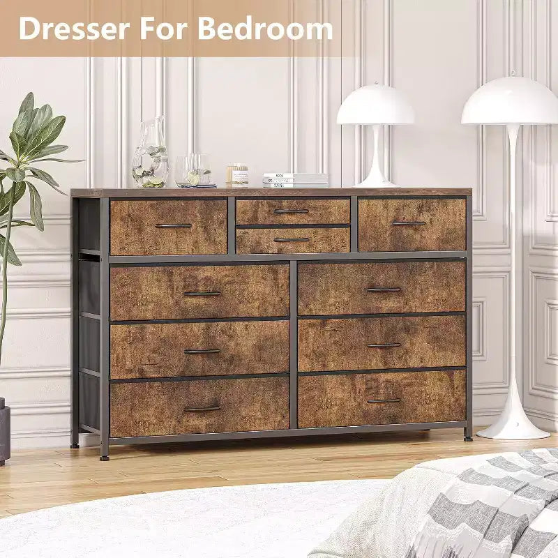Commode de Chambre à 10 Tiroirs en Tissu, Plateau en Bois, Cadre en Acier, Commode Moderne, Commode Légère avec Bacs en Tissu pour Salon, Couloir