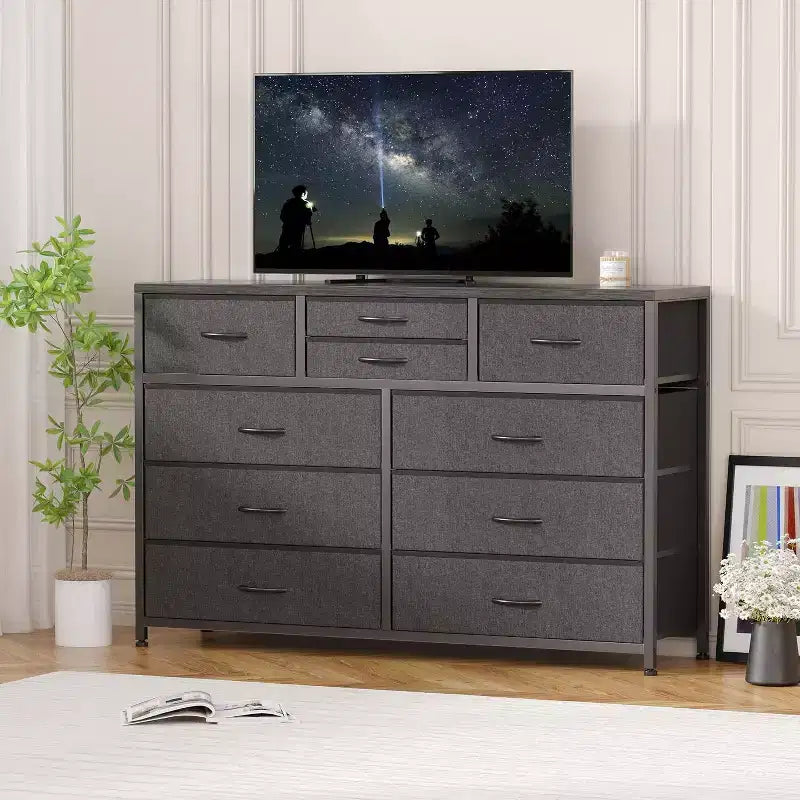 Commode de Chambre à 10 Tiroirs en Tissu, Plateau en Bois, Cadre en Acier, Commode Moderne, Commode Légère avec Bacs en Tissu pour Salon, Couloir