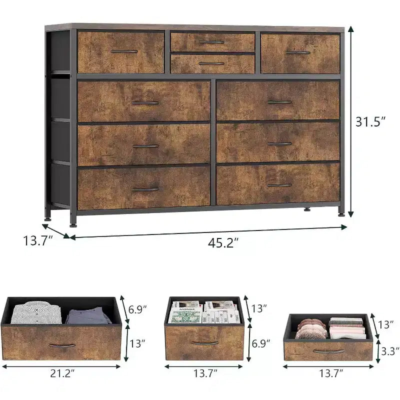 Commode de Chambre à 10 Tiroirs en Tissu, Plateau en Bois, Cadre en Acier, Commode Moderne, Commode Légère avec Bacs en Tissu pour Salon, Couloir