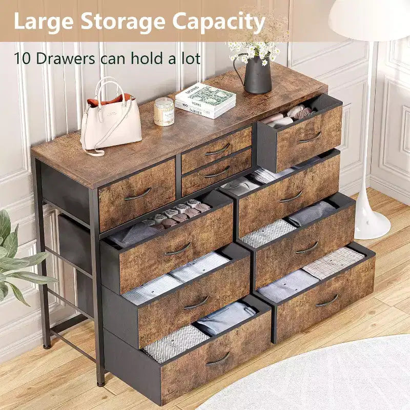 Commode de Chambre à 10 Tiroirs en Tissu, Plateau en Bois, Cadre en Acier, Commode Moderne, Commode Légère avec Bacs en Tissu pour Salon, Couloir