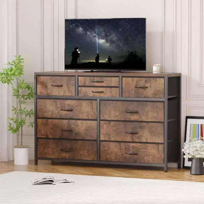 Commode de Chambre à 10 Tiroirs en Tissu, Plateau en Bois, Cadre en Acier, Commode Moderne, Commode Légère avec Bacs en Tissu pour Salon, Couloir