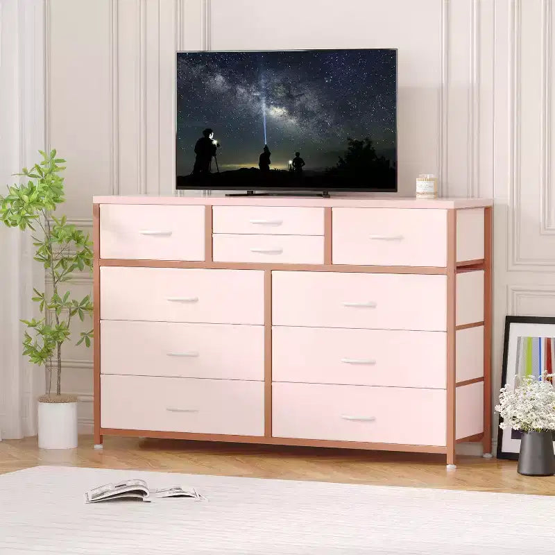 Commode de Chambre à 10 Tiroirs en Tissu, Plateau en Bois, Cadre en Acier, Commode Moderne, Commode Légère avec Bacs en Tissu pour Salon, Couloir