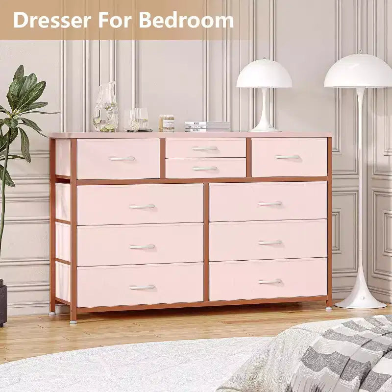 Commode de Chambre à 10 Tiroirs en Tissu, Plateau en Bois, Cadre en Acier, Commode Moderne, Commode Légère avec Bacs en Tissu pour Salon, Couloir