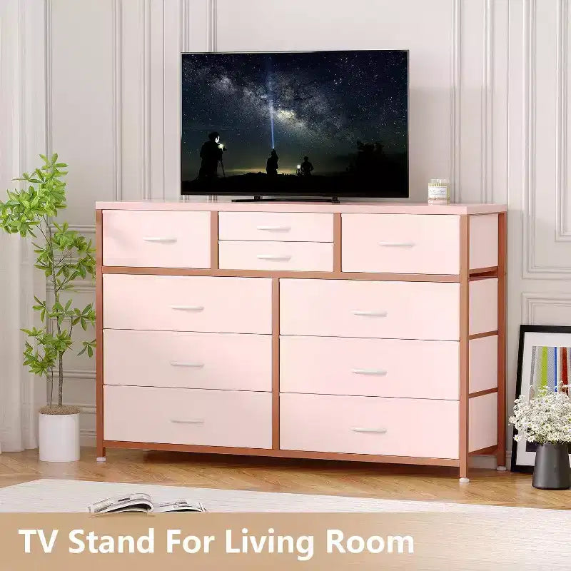 Commode de Chambre à 10 Tiroirs en Tissu, Plateau en Bois, Cadre en Acier, Commode Moderne, Commode Légère avec Bacs en Tissu pour Salon, Couloir