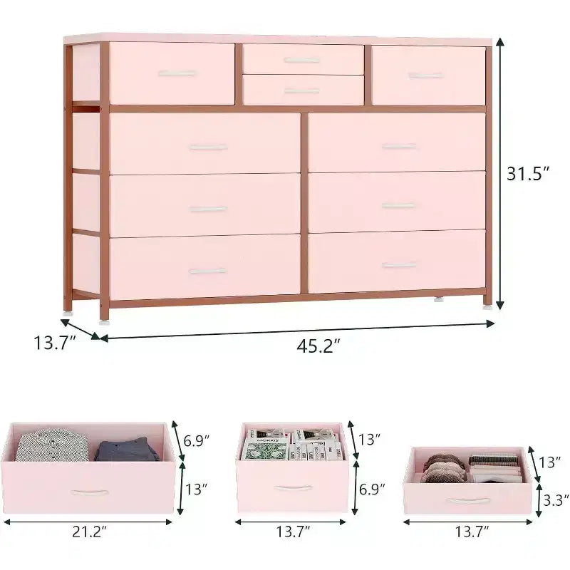 Commode de Chambre à 10 Tiroirs en Tissu, Plateau en Bois, Cadre en Acier, Commode Moderne, Commode Légère avec Bacs en Tissu pour Salon, Couloir