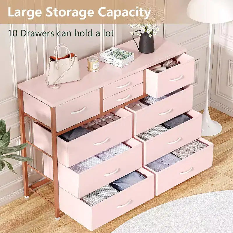 Commode de Chambre à 10 Tiroirs en Tissu, Plateau en Bois, Cadre en Acier, Commode Moderne, Commode Légère avec Bacs en Tissu pour Salon, Couloir