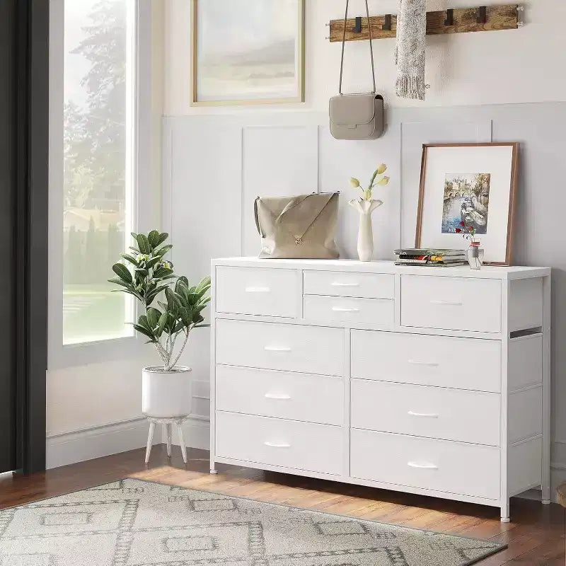 Commode de Chambre à 10 Tiroirs en Tissu, Plateau en Bois, Cadre en Acier, Commode Moderne, Commode Légère avec Bacs en Tissu pour Salon, Couloir