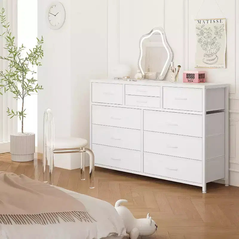 Commode de Chambre à 10 Tiroirs en Tissu, Plateau en Bois, Cadre en Acier, Commode Moderne, Commode Légère avec Bacs en Tissu pour Salon, Couloir