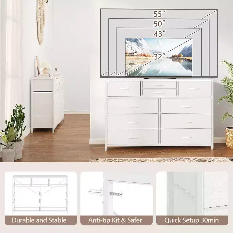 Commode de Chambre à 10 Tiroirs en Tissu, Plateau en Bois, Cadre en Acier, Commode Moderne, Commode Légère avec Bacs en Tissu pour Salon, Couloir