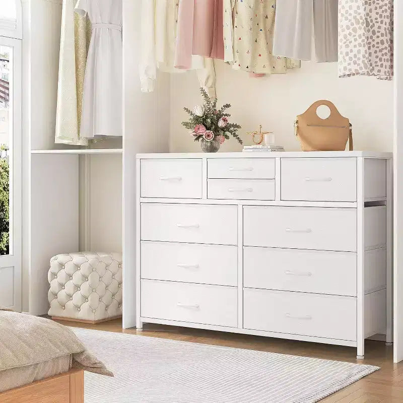 Commode de Chambre à 10 Tiroirs en Tissu, Plateau en Bois, Cadre en Acier, Commode Moderne, Commode Légère avec Bacs en Tissu pour Salon, Couloir
