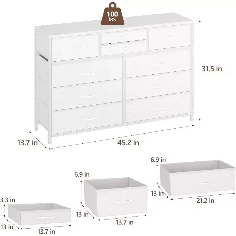 Commode de Chambre à 10 Tiroirs en Tissu, Plateau en Bois, Cadre en Acier, Commode Moderne, Commode Légère avec Bacs en Tissu pour Salon, Couloir