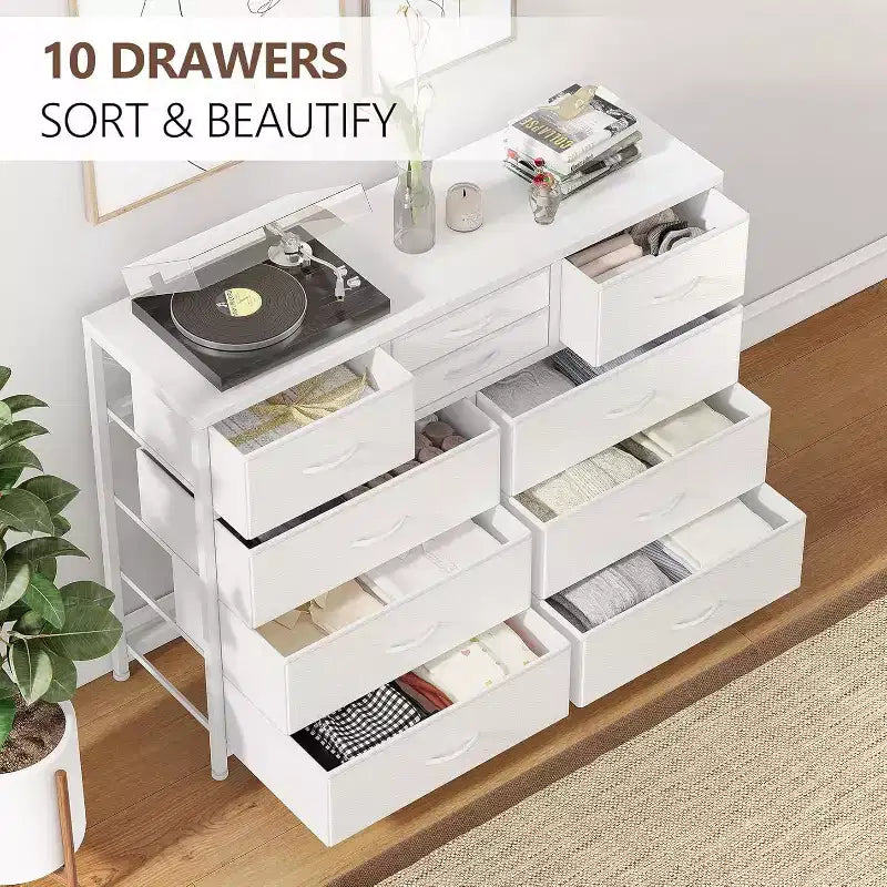 Commode de Chambre à 10 Tiroirs en Tissu, Plateau en Bois, Cadre en Acier, Commode Moderne, Commode Légère avec Bacs en Tissu pour Salon, Couloir