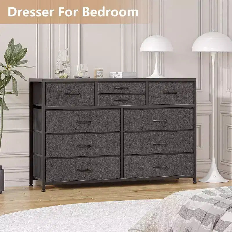 Commode de Chambre à 10 Tiroirs en Tissu, Plateau en Bois, Cadre en Acier, Commode Moderne, Commode Légère avec Bacs en Tissu pour Salon, Couloir