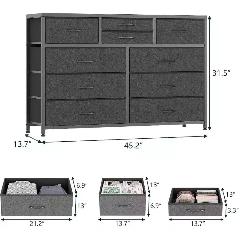 Commode de Chambre à 10 Tiroirs en Tissu, Plateau en Bois, Cadre en Acier, Commode Moderne, Commode Légère avec Bacs en Tissu pour Salon, Couloir
