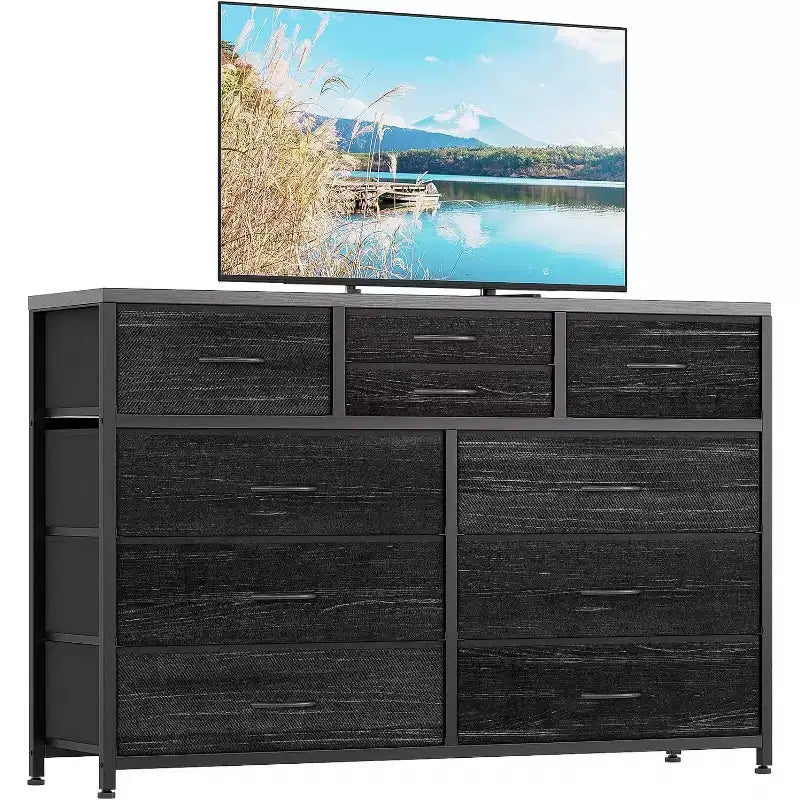 Commode de Chambre à 10 Tiroirs en Tissu, Plateau en Bois, Cadre en Acier, Commode Moderne, Commode Légère avec Bacs en Tissu pour Salon, Couloir