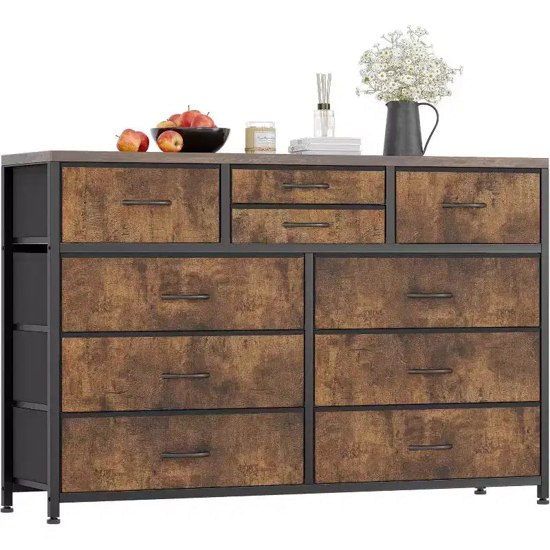 Commode de Chambre à 10 Tiroirs en Tissu, Plateau en Bois, Cadre en Acier, Commode Moderne, Commode Légère avec Bacs en Tissu pour Salon, Couloir
