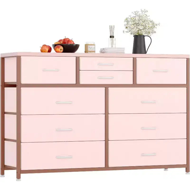Commode de Chambre à 10 Tiroirs en Tissu, Plateau en Bois, Cadre en Acier, Commode Moderne, Commode Légère avec Bacs en Tissu pour Salon, Couloir