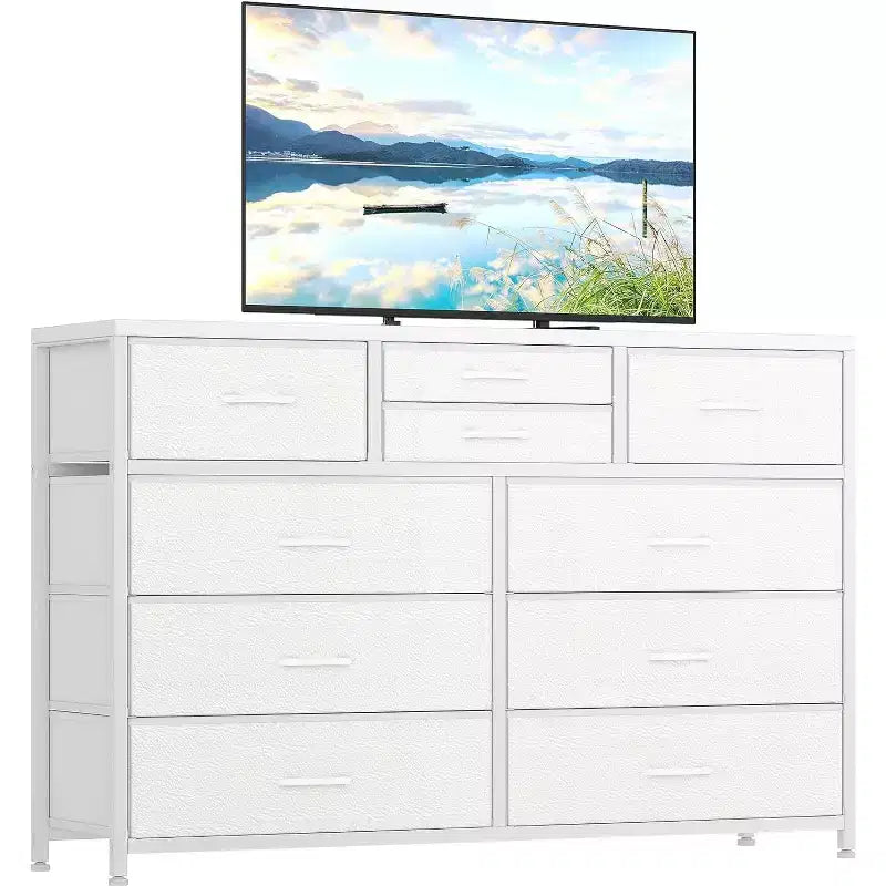 Commode de Chambre à 10 Tiroirs en Tissu, Plateau en Bois, Cadre en Acier, Commode Moderne, Commode Légère avec Bacs en Tissu pour Salon, Couloir