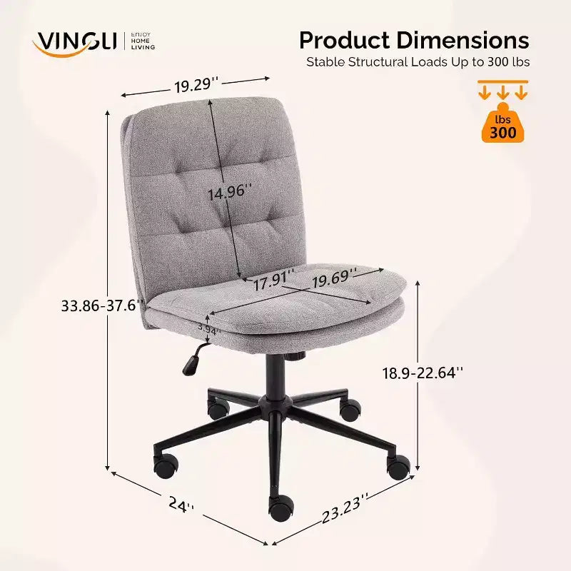 VINGLI Mid Back Armless Office Desk Chair with Wheels/no Wheels,360Rocking Swivel Vanity Chair with Thickened Cushion Linen Dark Grey